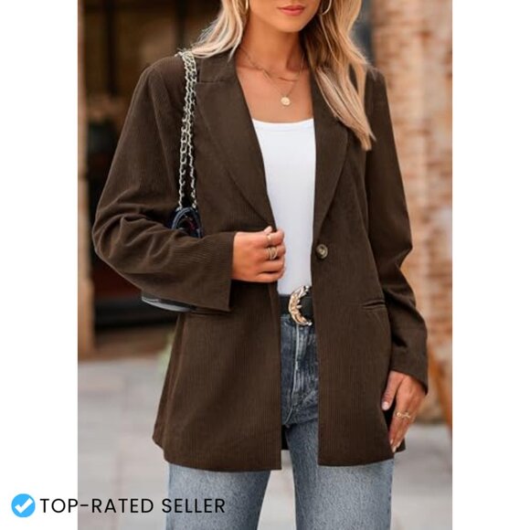 Corduroy Blazer Ribbed Texture Lapel Jacket Chic Work Casual Outerwear - Picture 6 of 7